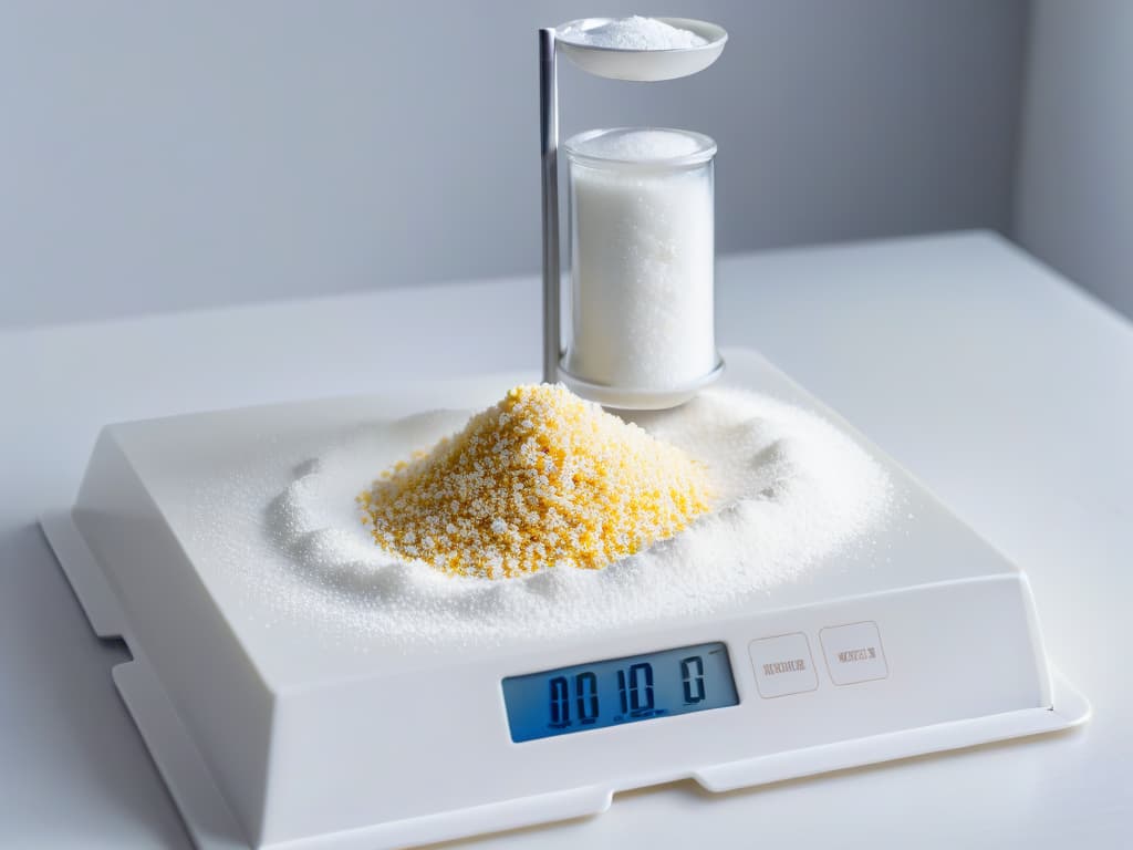  An ultradetailed closeup image of a perfectly balanced scale, with granules of sugar on one side and tiny artificial sweetener crystals on the other, symbolizing the delicate equilibrium between sugars and sweeteners in modern pastry recipes. The scale is illuminated by a soft, natural light, highlighting the precision and care required to achieve the ideal sweetness in baking. hyperrealistic, full body, detailed clothing, highly detailed, cinematic lighting, stunningly beautiful, intricate, sharp focus, f/1. 8, 85mm, (centered image composition), (professionally color graded), ((bright soft diffused light)), volumetric fog, trending on instagram, trending on tumblr, HDR 4K, 8K