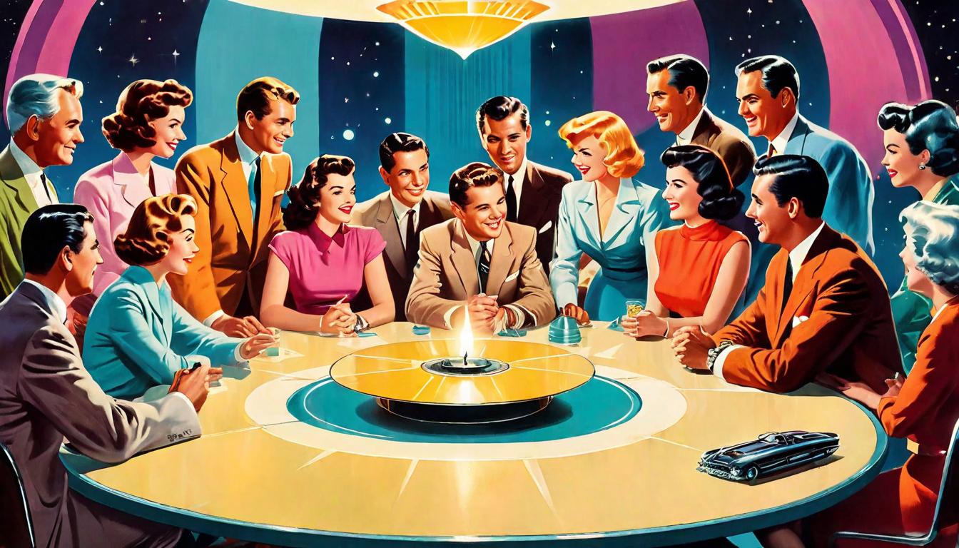  retro futuristic Round table surrounded by diverse people, a candle in the center casting light on all, Dialogue in authenticity, Shared understanding glowing, Unity in truth, The warmth of honest exchange, circle of trust lvintage sci fi, 50s and 60s style, atomic age, vibrant, highly detailed