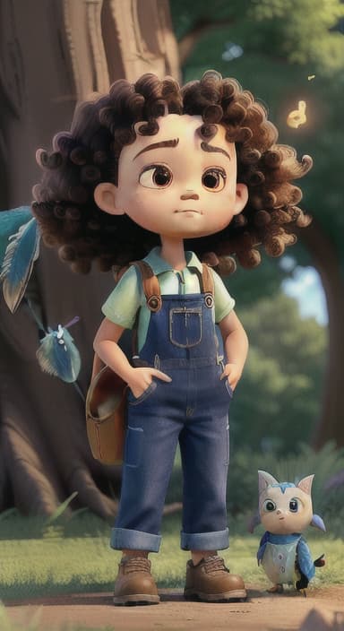  {Riley standing under the tree with eyes closed, making the wish., Riley, a curious with big brown eyes and curly hair, wearing overalls and carrying a small backpack. Their friend, Skye, a bluebird with shiny feathers.