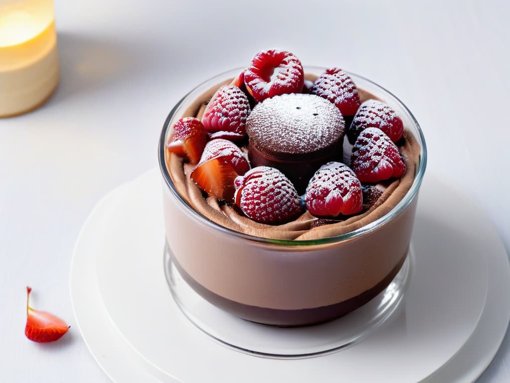  A closeup, ultradetailed image of a decadent, velvetysmooth chocolate mousse in a delicate, transparent glass dessert cup. The mousse is perfectly swirled, topped with a sprinkle of cocoa powder, and garnished with a single fresh raspberry on top, reflecting the elegance and lightness of the dessert. The rich, dark chocolate contrasts beautifully with the pristine white background, highlighting the luxurious yet minimalistic presentation of this indulgent yet guiltfree treat. hyperrealistic, full body, detailed clothing, highly detailed, cinematic lighting, stunningly beautiful, intricate, sharp focus, f/1. 8, 85mm, (centered image composition), (professionally color graded), ((bright soft diffused light)), volumetric fog, trending on instagram, trending on tumblr, HDR 4K, 8K