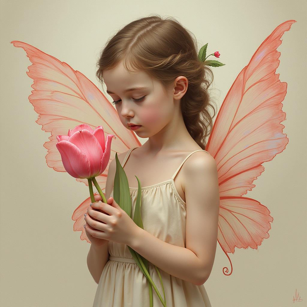  good quality, high quality, a young, ethereal girl, often interpreted as a fairy, delicately holding a pink tulip. her gossamer wings, rendered with iridescent strokes, seem to blend with the swirling, abstract patterns surrounding her, suggesting a deep connection to nature. these patterns, reminiscent of art nouveau style, create a sense of movement and energy, perhaps symbolizing the flow of life or magic. the girl's downcast gaze and gentle expression convey a sense of innocence and quiet contemplation, further emphasized by the soft, pastel palette used throughout the image. the tulips, rendered with a hyperrealistic attention to detail, act as focal points, their vibrant pink hues contrasting with the girl's pale complexion and drawin