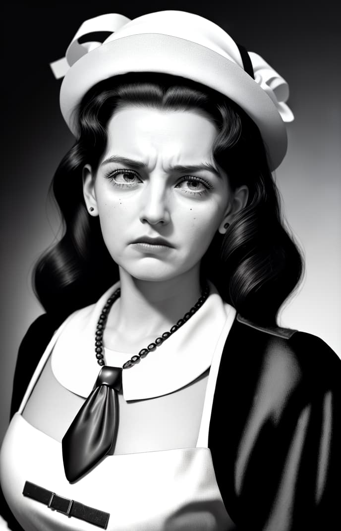  masterpiece, best quality, Best Quality, Masterpiece, 8k resolution, ((Classic black and white.)) (((Mugshot from the 1940s))). Vintage mugshot of (((the woman in reference image.))) Black sign hanging around her neck. Big messy hair in 40s style. 40s SUIT/DRESS. Angry facial expression.