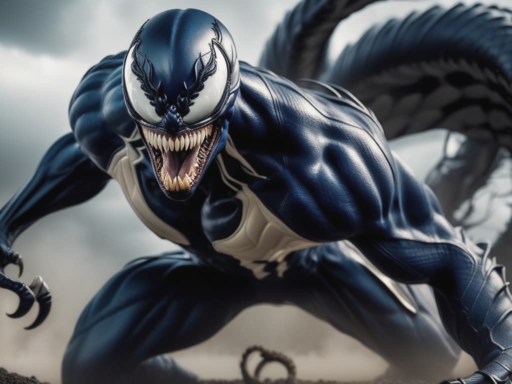  En impactante resolución HD 8K, Villano Venom se yergue con alas desplegadas, garras afiladas en posición de ataque. Tras él, un paisaje desolado y en llamas añade dramatismo a esta composición épica. La intensidad visual cobra vida en esta representación detallada.