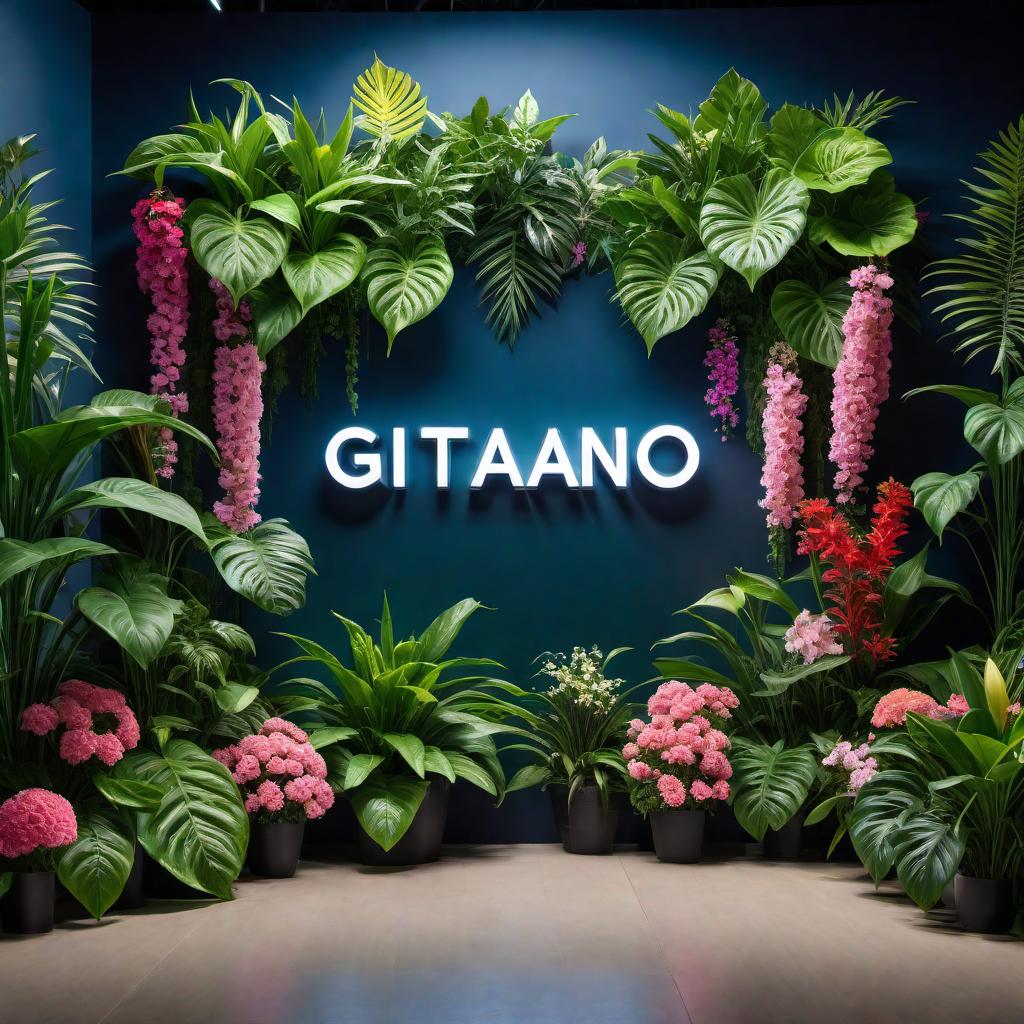  A navy blue wall with the word 'Gitano' in white neon lights, surrounded by an even more diverse variety of green leaves and colorful flowers, creating a lush and vibrant botanical backdrop that is dense and overflowing with plant life. hyperrealistic, full body, detailed clothing, highly detailed, cinematic lighting, stunningly beautiful, intricate, sharp focus, f/1. 8, 85mm, (centered image composition), (professionally color graded), ((bright soft diffused light)), volumetric fog, trending on instagram, trending on tumblr, HDR 4K, 8K