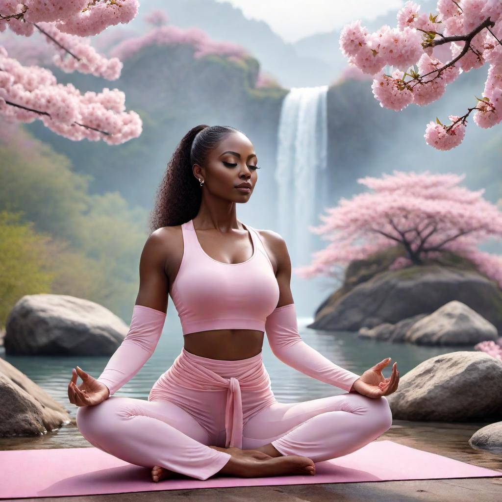  Diva Dawn as a black girl in a pink yoga zen essence setting. Portray her with an aura of calm and peace, with delicate pink hues reflecting a serene and meditative atmosphere. She should be captured in a graceful yoga pose, surrounded by soft, ethereal light and Zen-inspired elements like smooth stones, gentle water features, and blooming cherry blossoms. Her expression should emanate tranquility and serenity. hyperrealistic, full body, detailed clothing, highly detailed, cinematic lighting, stunningly beautiful, intricate, sharp focus, f/1. 8, 85mm, (centered image composition), (professionally color graded), ((bright soft diffused light)), volumetric fog, trending on instagram, trending on tumblr, HDR 4K, 8K