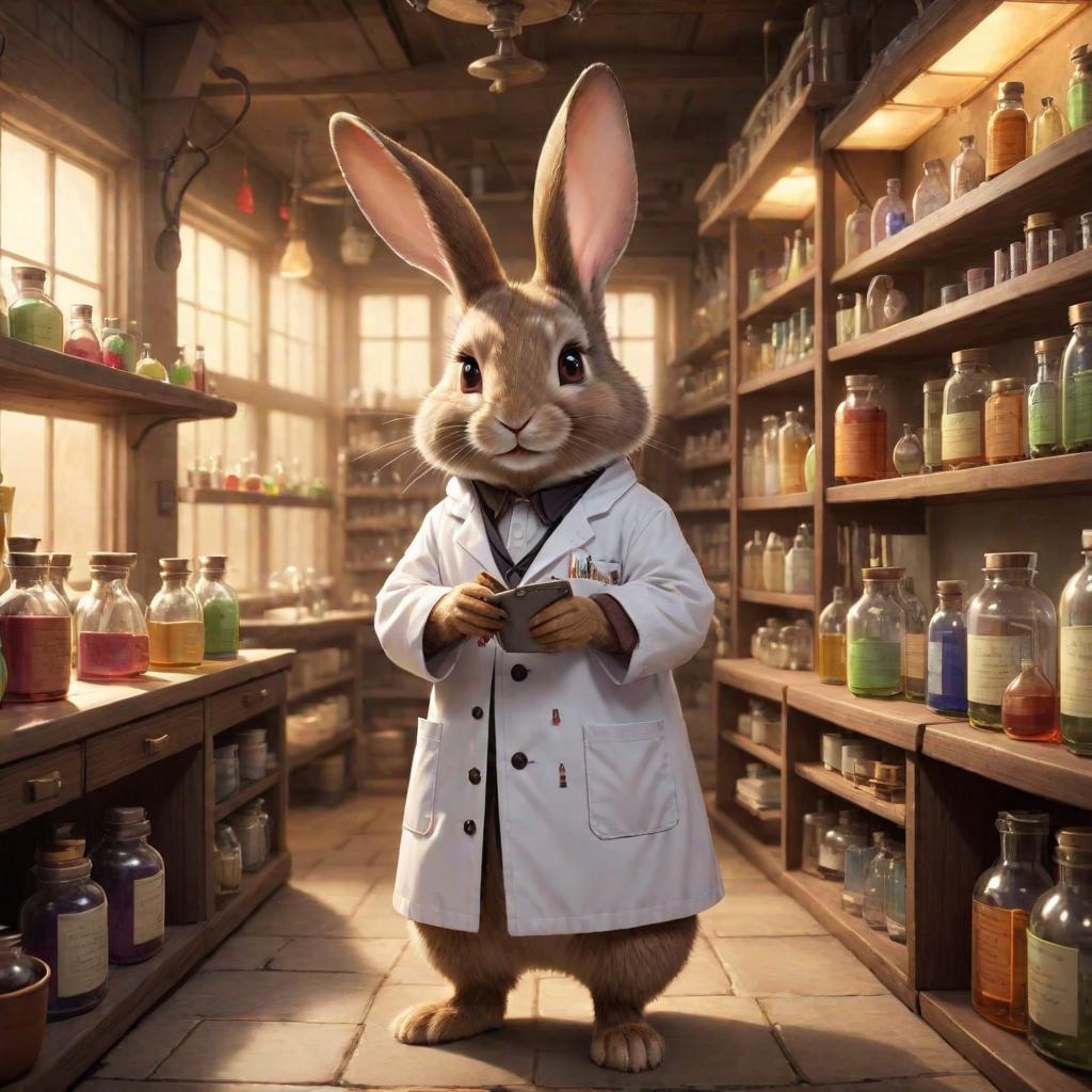  full body, Rabbit Cheeseville, Soft Alchemical Glow, Curious and Inquisitive, Tiny and Nimble, Whiskers and Bright Eyes, Scientific Lab Coat with a Pocket Protector, Alchemical Laboratory with Potion filled Shelves, Chemist and Alchemist in the Mouse Lab