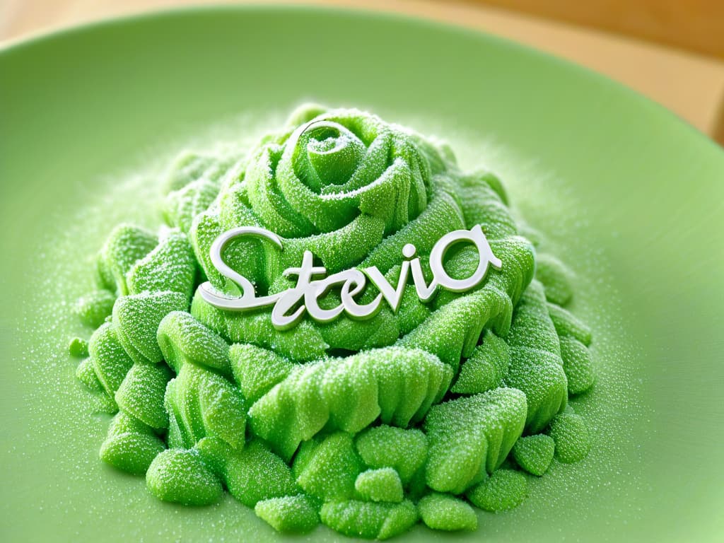  An ultradetailed illustration of a delicate, intricate sugar crystal structure forming the word "Stevia" in elegant, flowing cursive, set against a soft, pastel background reminiscent of a sunlit kitchen. The crystals catch the light, creating a sparkling effect that highlights the natural sweetness of this healthy alternative, embodying the essence of natural and wholesome baking. hyperrealistic, full body, detailed clothing, highly detailed, cinematic lighting, stunningly beautiful, intricate, sharp focus, f/1. 8, 85mm, (centered image composition), (professionally color graded), ((bright soft diffused light)), volumetric fog, trending on instagram, trending on tumblr, HDR 4K, 8K