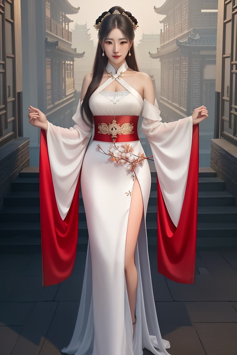  gufeng,bare shoulders,best quality,masterpiece,ultra high res,A beautiful with a Chinese face,solo,elegantly standing on the attic of an ancient Chinese building,looking diagonally at the streets,(medium s:1.1),age,Glossy hair,shiny hair,Hair fs,(full body), on,(:0.7),hanfu,tang style outfits, hyperrealistic, full body, detailed clothing, highly detailed, cinematic lighting, stunningly beautiful, intricate, sharp focus, f/1. 8, 85mm, (centered image composition), (professionally color graded), ((bright soft diffused light)), volumetric fog, trending on instagram, trending on tumblr, HDR 4K, 8K