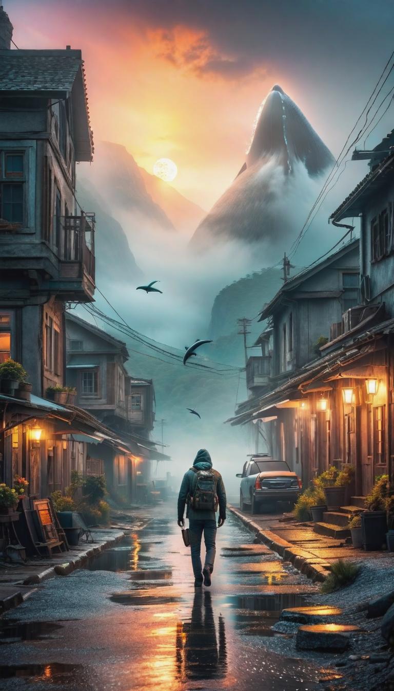  Post apocalyptic style depiction of Dolphins creating heart, sunset . Futuristic, technological, survival in the wasteland, desolate cities, and the resilience and survival instincts of humanity theme. hyperrealistic, full body, detailed clothing, highly detailed, cinematic lighting, stunningly beautiful, intricate, sharp focus, f/1. 8, 85mm, (centered image composition), (professionally color graded), ((bright soft diffused light)), volumetric fog, trending on instagram, trending on tumblr, HDR 4K, 8K