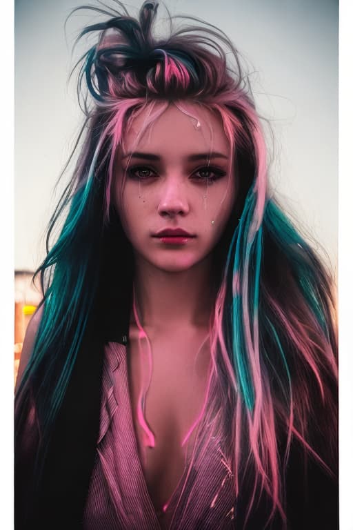  photo of woman, beautiful face, realistic,streaked hair, light pollution, neon lights, night city, skyscraper, hyper detail