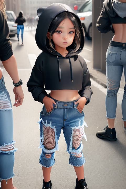  (((extremely beautiful:1.5))), (((6 year old in a cropped hoodie and ripped jeans:1.5))), ((fighting in the streets)), 1girl,, detailed eyes, hyperrealistic, full body, highly detailed, cinematic lighting, intricate, sharp focus, f/1. 8, 85mm, (centered image composition), (professionally color graded), ((bright soft diffused light)), volumetric fog, trending on instagram, HDR 4K, 8K