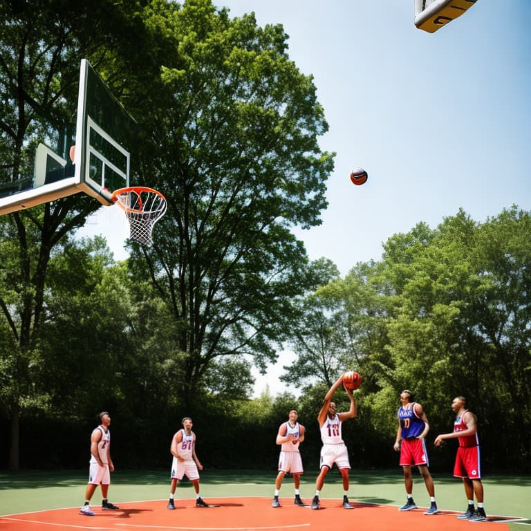  basketball, green environment, a basketball hoop with a basketball floating above the rim, lightbeams shine out of the ball, the hoop is standing on a yard, 4 men are standing next to it, they look very proud, men are clothed in NBA jerseys, hyperrealistic photograph, sharp focus, 8k