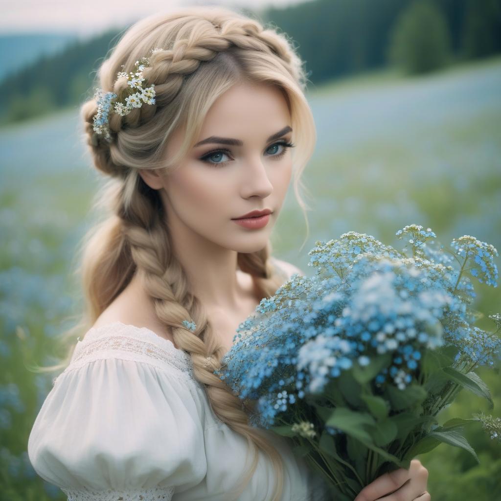  analog film photo Beautiful cute girl milkmaid in forget me nots with blondie braid high detail,holding a bouquet of wildflowers forget me nots mah many big bouquet of forget me nots. mah huge etc.... high resolution, 124k max detail professional photo, anatomy, detailing background summer landscape meadow flowers . faded film, desaturated, 35mm photo, grainy, vignette, vintage, Kodachrome, Lomography, stained, highly detailed, found footage hyperrealistic, full body, detailed clothing, highly detailed, cinematic lighting, stunningly beautiful, intricate, sharp focus, f/1. 8, 85mm, (centered image composition), (professionally color graded), ((bright soft diffused light)), volumetric fog, trending on instagram, trending on tumblr, HDR 4K, 8K