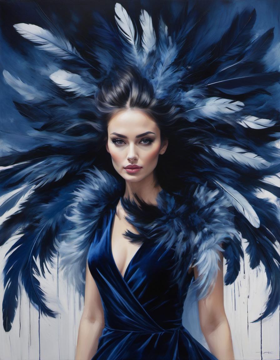  abstract expressionist painting Portrait of a beautiful girl in a dark blue velvet Lorrain dress, on beautiful hair adorned with soft feathers of dark blue colour . energetic brushwork, bold colors, abstract forms, expressive, emotional hyperrealistic, full body, detailed clothing, highly detailed, cinematic lighting, stunningly beautiful, intricate, sharp focus, f/1. 8, 85mm, (centered image composition), (professionally color graded), ((bright soft diffused light)), volumetric fog, trending on instagram, trending on tumblr, HDR 4K, 8K