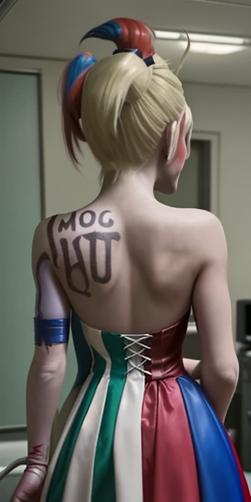  Harley-Quinn in a dress, with her back visible, in a hospital