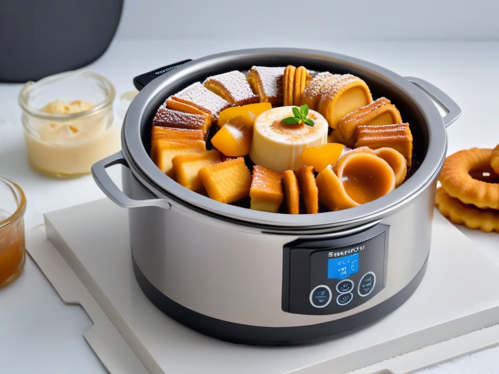  A minimalistic yet highly detailed image depicting a modern stainless steel pressure cooker surrounded by various traditional sweet treats like flan, dulce de leche, and churros. The pressure cooker is gleaming, with intricate details visible on its surface, while the sweets are arranged artistically, showcasing their textures and colors in a visually appealing manner. The background is a soft, neutral color to make the items stand out, and the overall composition exudes a sense of professionalism and elegance. hyperrealistic, full body, detailed clothing, highly detailed, cinematic lighting, stunningly beautiful, intricate, sharp focus, f/1. 8, 85mm, (centered image composition), (professionally color graded), ((bright soft diffused light)), volumetric fog, trending on instagram, trending on tumblr, HDR 4K, 8K