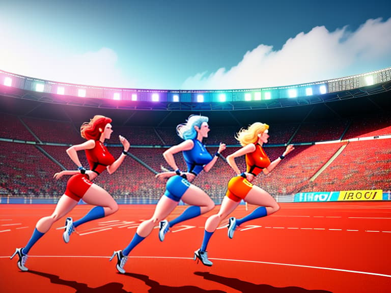  Three European sportswomen in red blue shirts are running on the stadium and crossing the finish line, around many spectators., (Pop art) bright colors ,comic style ,mass culture references hyperrealistic, full body, detailed clothing, highly detailed, cinematic lighting, stunningly beautiful, intricate, sharp focus, f/1. 8, 85mm, (centered image composition), (professionally color graded), ((bright soft diffused light)), volumetric fog, trending on instagram, trending on tumblr, HDR 4K, 8K