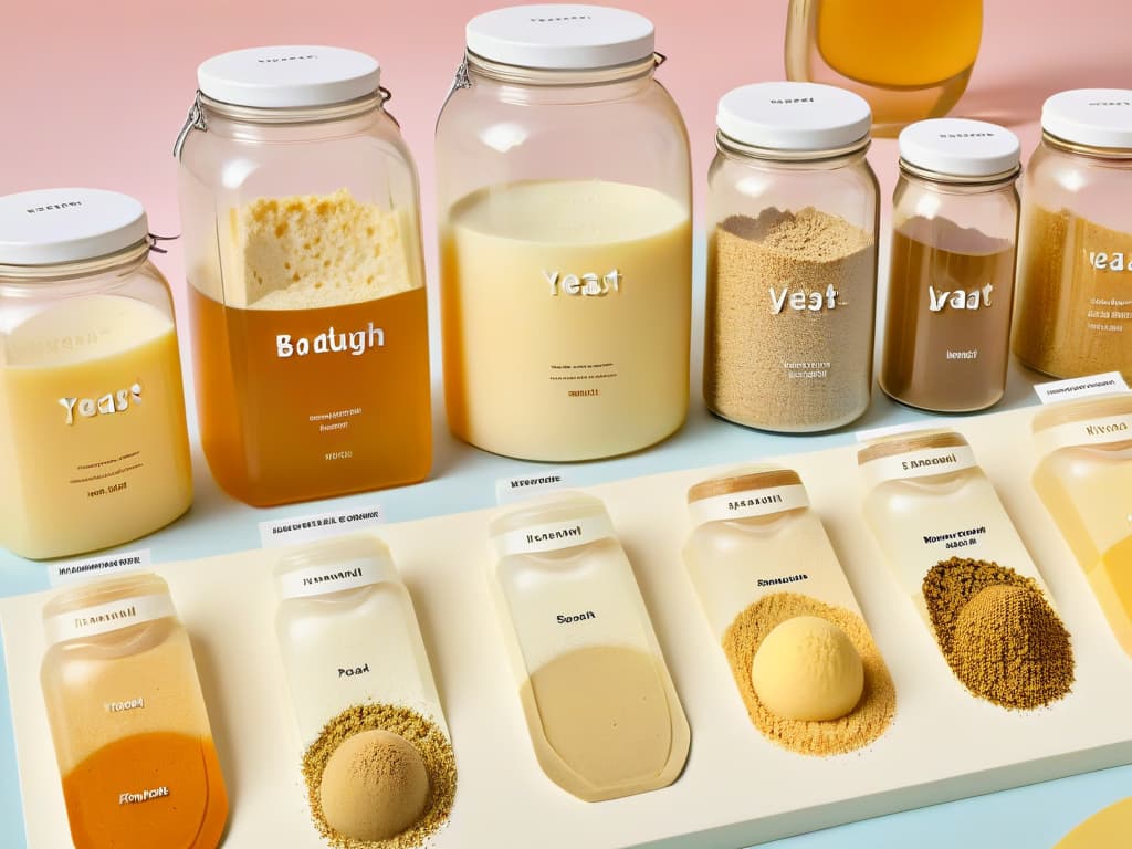  A minimalist and elegant illustration of various types of natural yeast and ferments commonly used in vegan baking, showcasing different textures and shapes of sourdough starters, yeast packets, and fermentation jars against a soft pastel background. Each element is intricately detailed, with labels indicating the specific strains and names of the fermenting agents, creating a visually appealing and informative image that perfectly complements the professional and inspiring tone of the article on achieving fluffy vegan pastries with natural leavening agents. hyperrealistic, full body, detailed clothing, highly detailed, cinematic lighting, stunningly beautiful, intricate, sharp focus, f/1. 8, 85mm, (centered image composition), (professionally color graded), ((bright soft diffused light)), volumetric fog, trending on instagram, trending on tumblr, HDR 4K, 8K