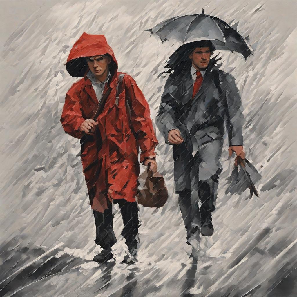  Masterpiece, best quality, can you draw a picture of two people in the wind and rain, one walking against the wind in front and the other stabbing in the back