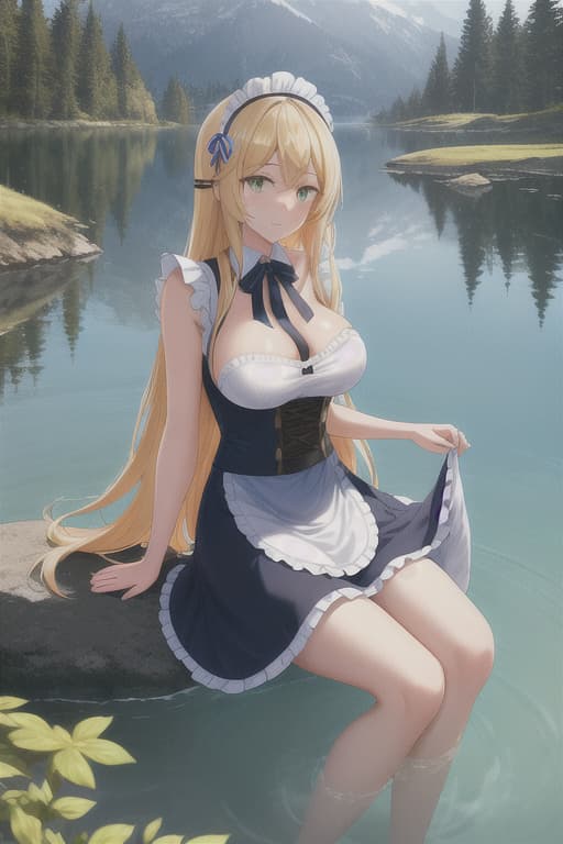  (score 9,score 8 up,score 7 up,),1girl,solo,maid,maid headdress,looking at viewer,outdoor,lake,apron,blonde hair,indoors,green eyes,bare foot,two feet in the water hyperrealistic, full body, detailed clothing, highly detailed, cinematic lighting, stunningly beautiful, intricate, sharp focus, f/1. 8, 85mm, (centered image composition), (professionally color graded), ((bright soft diffused light)), volumetric fog, trending on instagram, trending on tumblr, HDR 4K, 8K