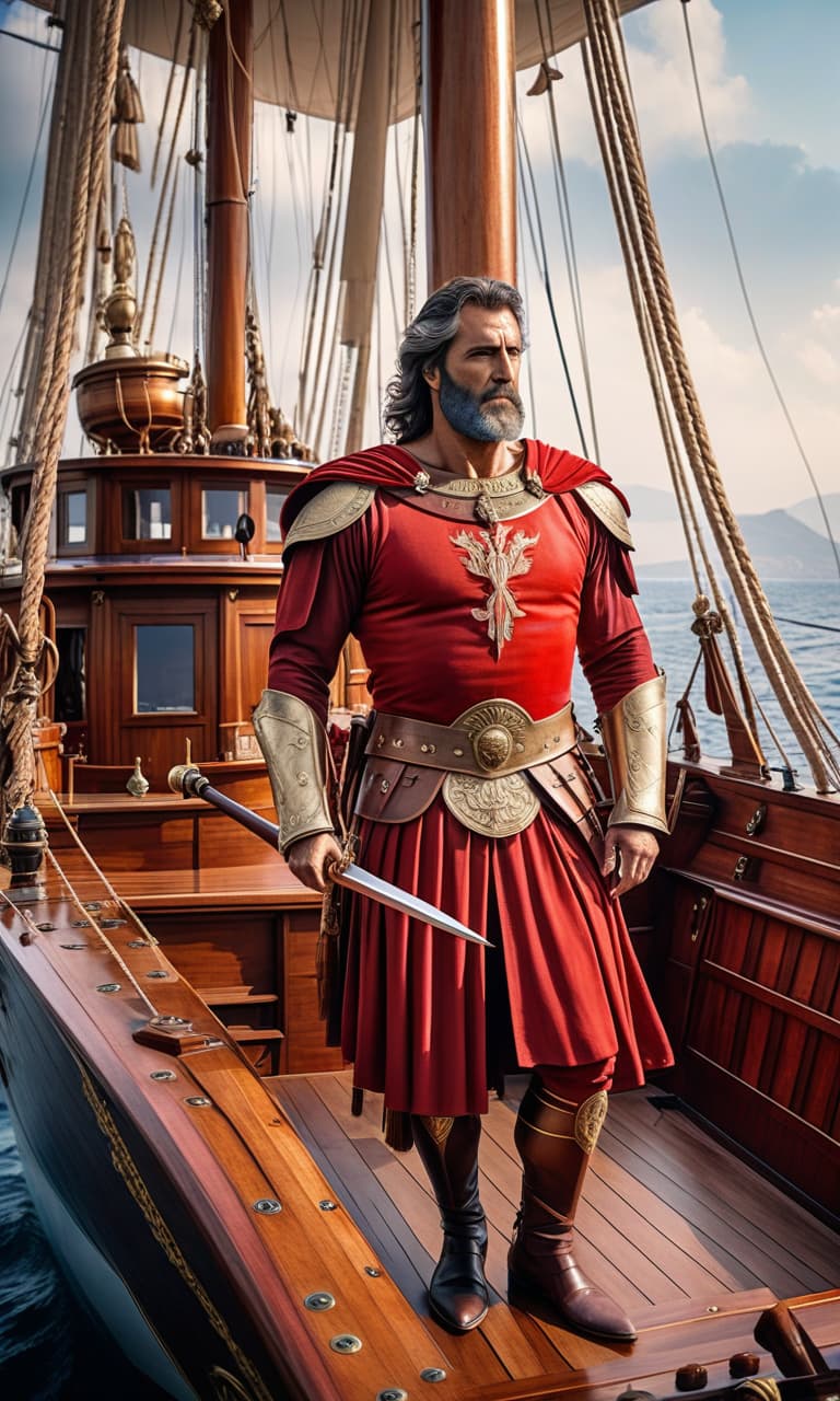  ( best quality, masterpiece, watercolor, photorealism: 1,2) Greek gallera, white sail, wooden hull of the ship, a Greek in red armor stands on the bow, good detail hyperrealistic, full body, detailed clothing, highly detailed, cinematic lighting, stunningly beautiful, intricate, sharp focus, f/1. 8, 85mm, (centered image composition), (professionally color graded), ((bright soft diffused light)), volumetric fog, trending on instagram, trending on tumblr, HDR 4K, 8K