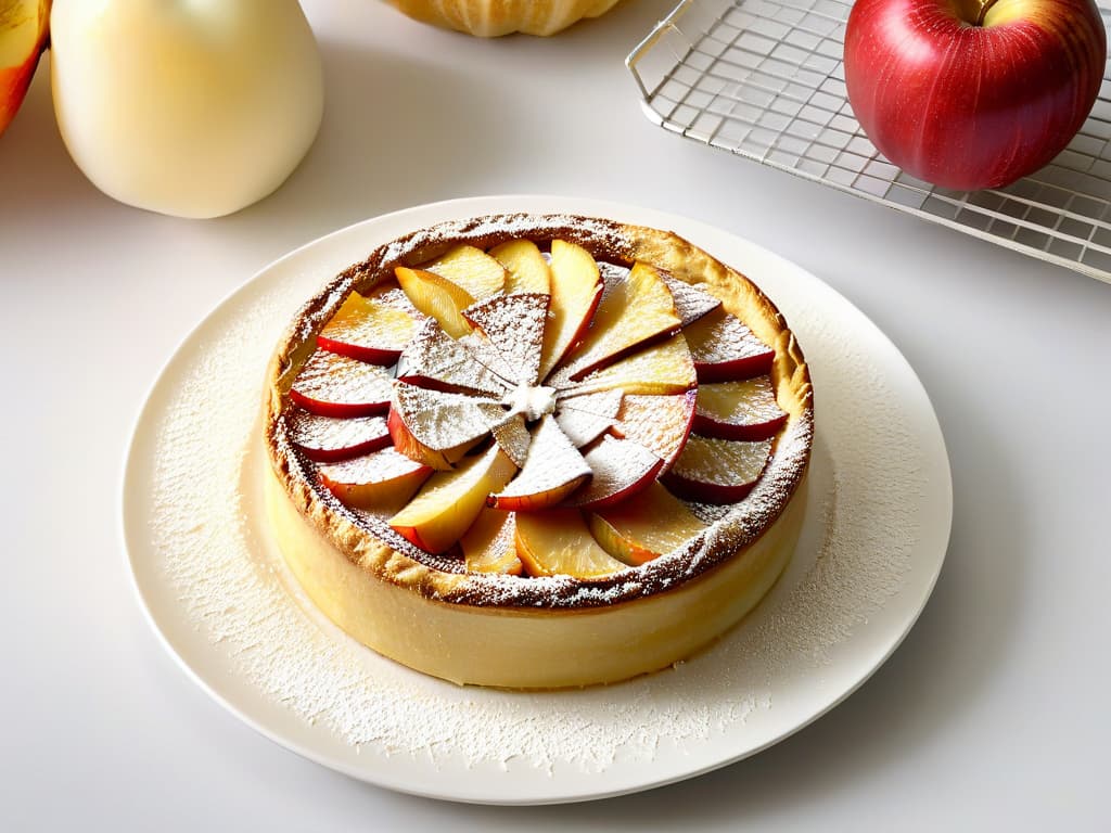  A closeup, ultradetailed image of a freshly baked, lowcalorie apple tart resting on a sleek, modern white plate. The golden crust shimmers with a light dusting of powdered sugar, and slices of perfectly arranged, caramelized apple are delicately layered on top. The image captures the intricate textures of the flaky pastry and juicy fruit, inviting the viewer to savor the delicious balance of flavors in this reinvented apple tart. hyperrealistic, full body, detailed clothing, highly detailed, cinematic lighting, stunningly beautiful, intricate, sharp focus, f/1. 8, 85mm, (centered image composition), (professionally color graded), ((bright soft diffused light)), volumetric fog, trending on instagram, trending on tumblr, HDR 4K, 8K