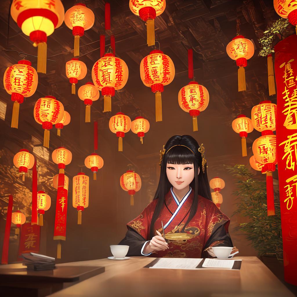  A masterpiece of 聚財風水, with the best quality, 8k resolution, and ultra-detailed. The main subject is a girl sitting in a classroom. The scene includes a ((traditional Chinese calligraphy)) hanging on the wall, ((red lanterns)) illuminating the room, ((bamboo plants)) in the corners, ((golden coins)) scattered on the floor, and ((dragons)) painted on the ceiling. The lighting creates a warm, golden ambiance. hyperrealistic, full body, detailed clothing, highly detailed, cinematic lighting, stunningly beautiful, intricate, sharp focus, f/1. 8, 85mm, (centered image composition), (professionally color graded), ((bright soft diffused light)), volumetric fog, trending on instagram, trending on tumblr, HDR 4K, 8K