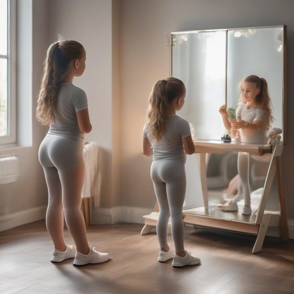  A little girl in sportswear with excess weight stands in front of a mirror and looks at her reflection, while in the reflection, a thin girl without excess weight towers over her. hyperrealistic, full body, detailed clothing, highly detailed, cinematic lighting, stunningly beautiful, intricate, sharp focus, f/1. 8, 85mm, (centered image composition), (professionally color graded), ((bright soft diffused light)), volumetric fog, trending on instagram, trending on tumblr, HDR 4K, 8K