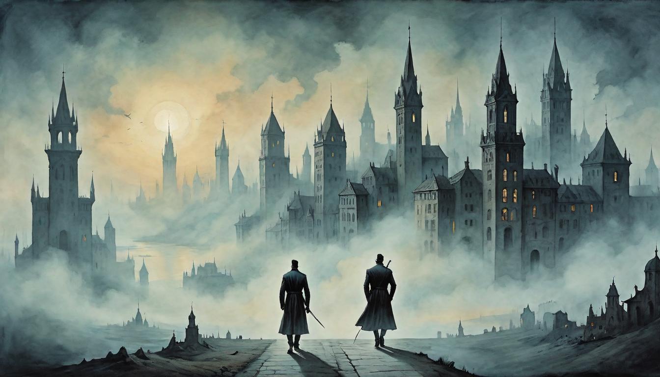  on parchment, surrealism+++, A figure walking away from a fading cityscape, edges of buildings dissolving into mist, twilight, reflective, solemn, transitioning(mysterious, provocative, symbolic,muted color)+++