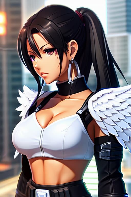  Strong girl gaming character Modern anime style Gorgeous woman shiny glistening skin, Overwatch Mercy angelic wings, white background, beautiful, goddess, fantasy world. Dark makeup, hoop earrings. anime waifu. Stylish. Cute, hot, shiny. Highly detailed, uhd anime wallpaper, digital cel animation