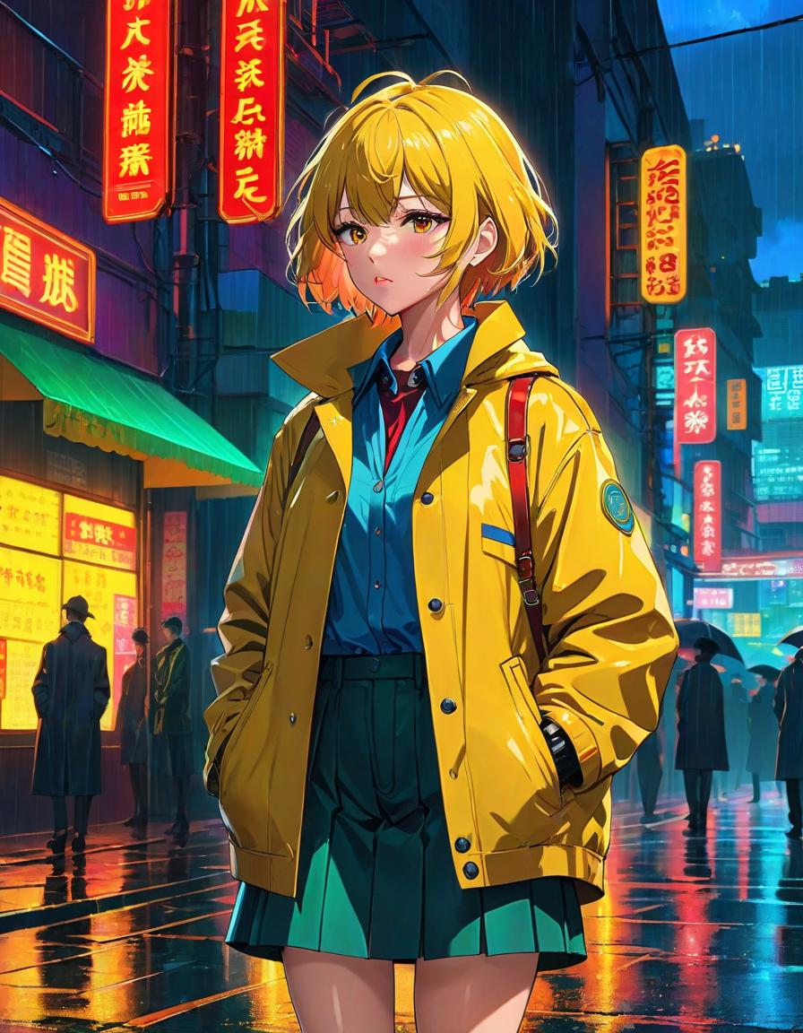  anime artwork Detective walks down the street tired, short haircut, hands in pockets, coat, wrinkles, night, rain, yellow neon signs in the background, slightly crooked view, colors with shades of red orange and blue green in the background. . anime style, key visual, vibrant, studio anime, highly detailed hyperrealistic, full body, detailed clothing, highly detailed, cinematic lighting, stunningly beautiful, intricate, sharp focus, f/1. 8, 85mm, (centered image composition), (professionally color graded), ((bright soft diffused light)), volumetric fog, trending on instagram, trending on tumblr, HDR 4K, 8K