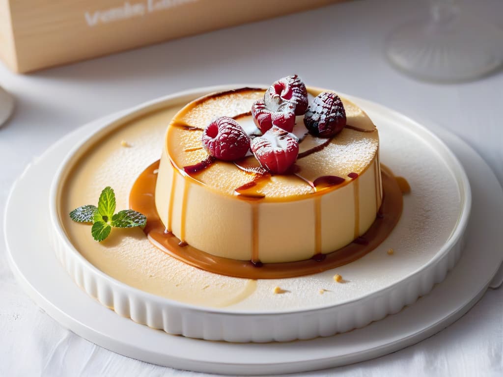  A closeup, ultradetailed image of a perfectly golden flan with a caramel drizzle on top, placed on a delicate white porcelain plate with a subtle floral pattern. The flan is garnished with a single vibrant red raspberry and a mint leaf, with a light dusting of powdered sugar adding a touch of elegance. The caramel sauce glistens invitingly, capturing the reflection of a soft light source, emphasizing the smooth and creamy texture of the dessert. hyperrealistic, full body, detailed clothing, highly detailed, cinematic lighting, stunningly beautiful, intricate, sharp focus, f/1. 8, 85mm, (centered image composition), (professionally color graded), ((bright soft diffused light)), volumetric fog, trending on instagram, trending on tumblr, HDR 4K, 8K