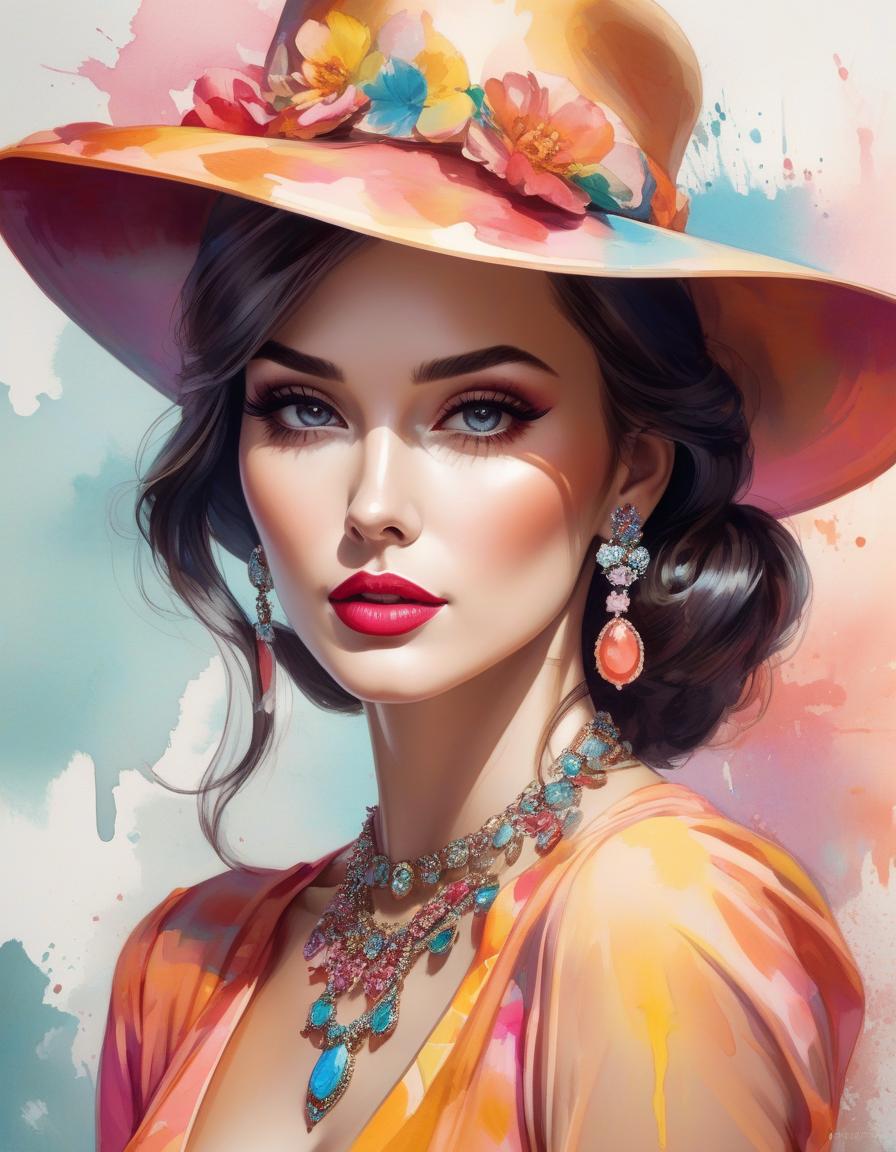  Pop Art style painting of a woman wearing a hat with a necklace, exquisite digital illustration, elegante pintura digital, linda pintura de persona gem, beautiful digital illustration, estilo de pintura digital, linda pintura digital, linda arte digital, no estilo aquarela, pintura linda, no art style by bowater, a beautiful art illustration, no estilo de aquarela digital, with ink blots and paint running down the screen . bright colors, bold outlines, popular culture themes, ironic or kitsch hyperrealistic, full body, detailed clothing, highly detailed, cinematic lighting, stunningly beautiful, intricate, sharp focus, f/1. 8, 85mm, (centered image composition), (professionally color graded), ((bright soft diffused light)), volumetric fog, trending on instagram, trending on tumblr, HDR 4K, 8K