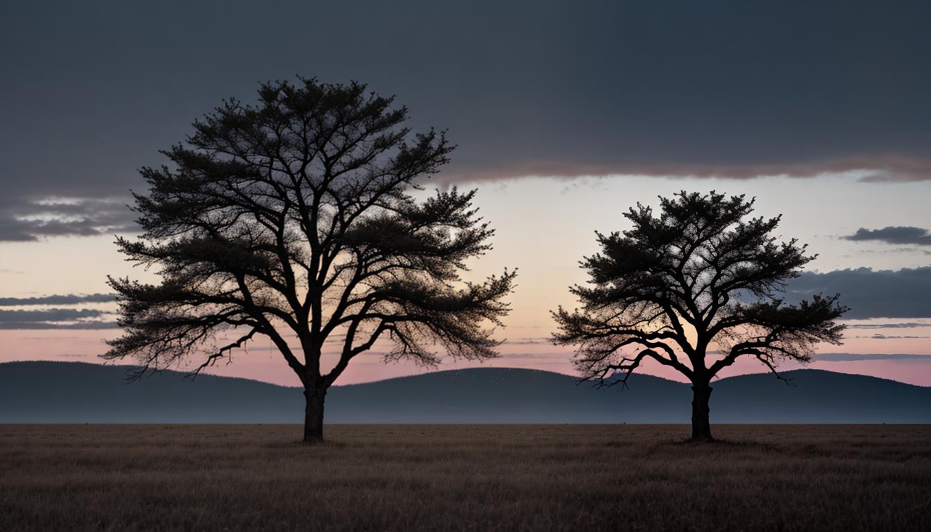  Neuro enlightenmentA lone tree in a barren field with branches extending protectively over young saplings, dusk lighting, darkening sky, frail roots visible, duality of protection, and vulnerability, boundaries essential for growth, 4k, HDR, sleek, modern design, vibrant, interactive visuals, contemporary aesthetics, highly engaging, mind expanding