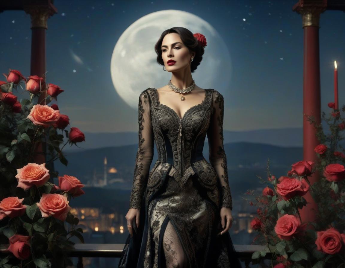  concept art An elaborate digital artwork of a woman in vintage attire with roses and a lunar backdrop. . digital artwork, illustrative, painterly, matte painting, highly detailed hyperrealistic, full body, detailed clothing, highly detailed, cinematic lighting, stunningly beautiful, intricate, sharp focus, f/1. 8, 85mm, (centered image composition), (professionally color graded), ((bright soft diffused light)), volumetric fog, trending on instagram, trending on tumblr, HDR 4K, 8K