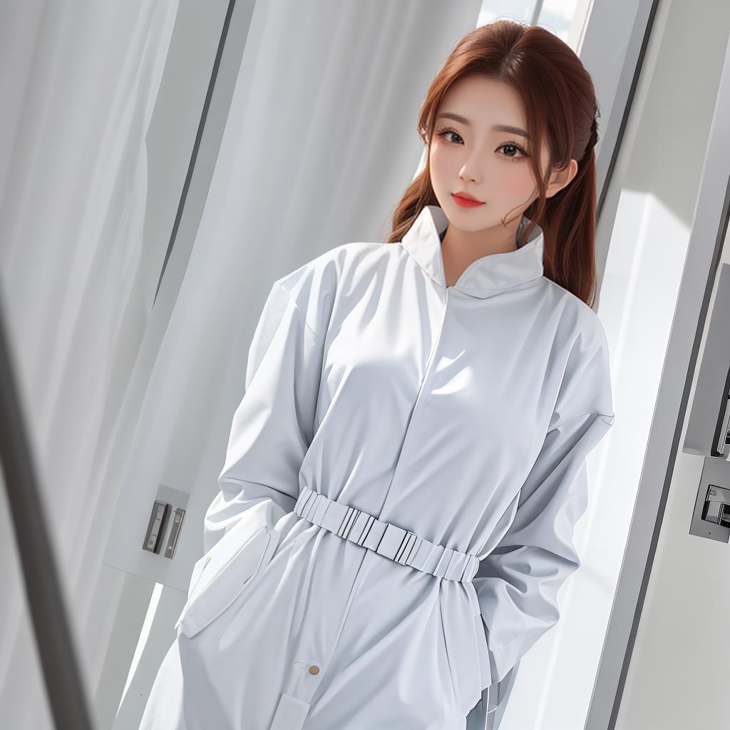  masterpiece, best quality, a beautiful female doctor, dressed in white coveralls, upper body