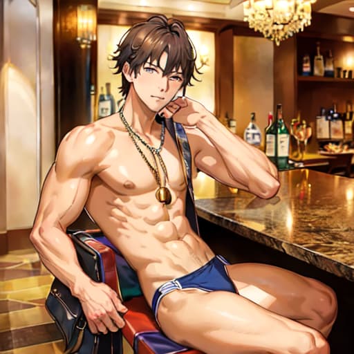  master piece , best quality,A shirtless man on his way home from work stops by the hotel bar and takes a seat at the counter.