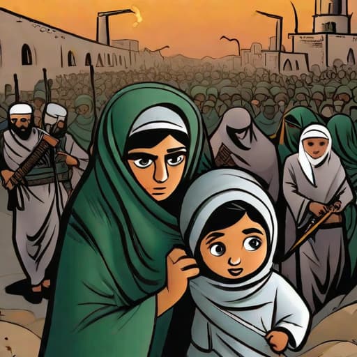  An illustration depicting innocent children, terrified and helpless, being kidnapped by the evil forces of Hamas. The children are depicted with fear in their eyes, while Hamas forces are shown wearing Arabian clothing and carrying weapons. The background context can show a chaotic and dangerous environment, symbolizing the threat of Hamas. The time of day can be dusk, with a dim lighting to evoke a sense of danger and vulnerability. The illustration style should be bold and dramatic, with strong lines and vibrant colors. The composition can focus on the children in the foreground, with the Hamas forces looming ominously in the background. The colors used can be contrasting, with warm tones for the children and cool tones for the background hyperrealistic, full body, detailed clothing, highly detailed, cinematic lighting, stunningly beautiful, intricate, sharp focus, f/1. 8, 85mm, (centered image composition), (professionally color graded), ((bright soft diffused light)), volumetric fog, trending on instagram, trending on tumblr, HDR 4K, 8K