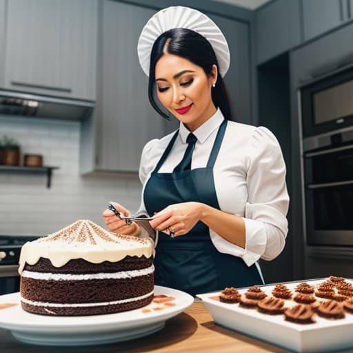  a lady making cake Apply the Following Styles Cinematic hyperrealistic, full body, detailed clothing, highly detailed, cinematic lighting, stunningly beautiful, intricate, sharp focus, f/1. 8, 85mm, (centered image composition), (professionally color graded), ((bright soft diffused light)), volumetric fog, trending on instagram, trending on tumblr, HDR 4K, 8K