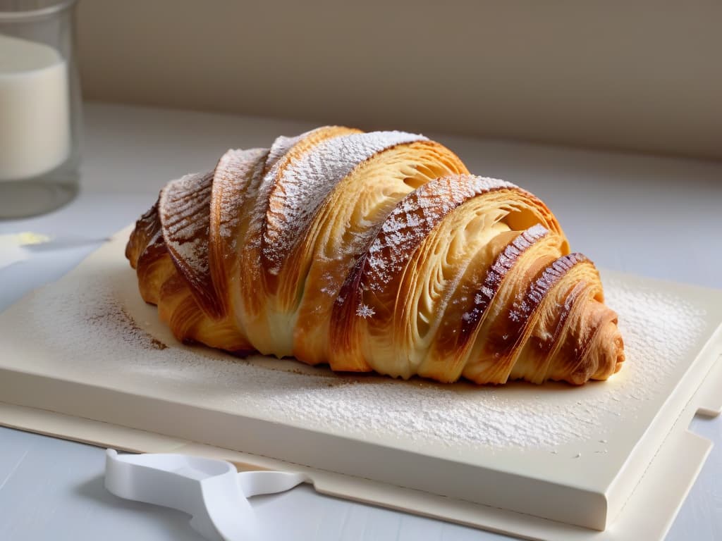  A closeup, ultradetailed image of a perfectly goldenbrown croissant, freshly baked and sprinkled with a light dusting of powdered sugar. The delicate layers of flaky pastry glisten in the light, showcasing the craftsmanship and artistry involved in the baking process. The background is a soft blur, emphasizing the intricate details of the croissant and evoking a sense of warmth and comfort. hyperrealistic, full body, detailed clothing, highly detailed, cinematic lighting, stunningly beautiful, intricate, sharp focus, f/1. 8, 85mm, (centered image composition), (professionally color graded), ((bright soft diffused light)), volumetric fog, trending on instagram, trending on tumblr, HDR 4K, 8K