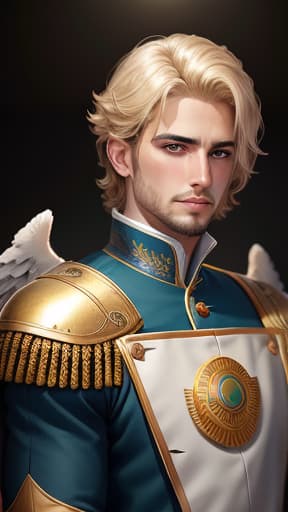  an angel king, no beard or mostach, golden hair, green eyes light skin, tall, wearing a royal blue outfit, hyperrealistic, high quality, highly detailed, perfect lighting, intricate, sharp focus, f/1. 8, 85mm, (centered image composition), (professionally color graded), ((bright soft diffused light)), trending on instagram, HDR 4K, 8K