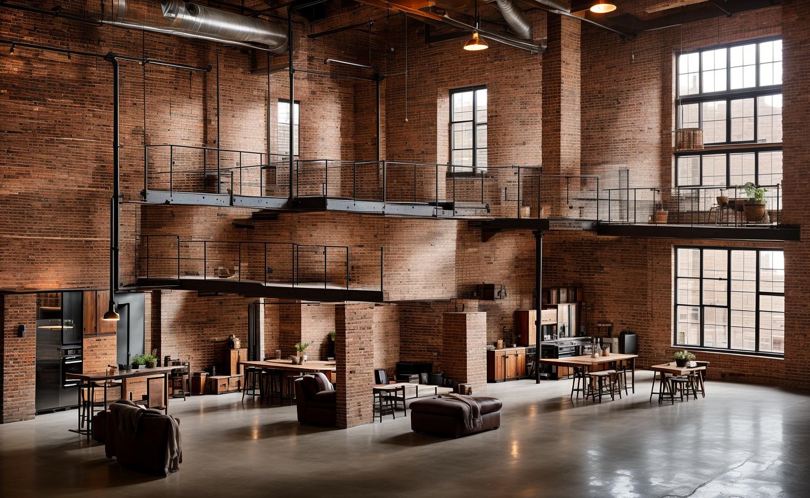  loft interior featuring exposed brick walls and large windows, industrial lighting illuminating a mix of modern and vintage furniture, high ceilings creating an open floor plan, rustic urban industrial aesthetic with raw textures and durable materials