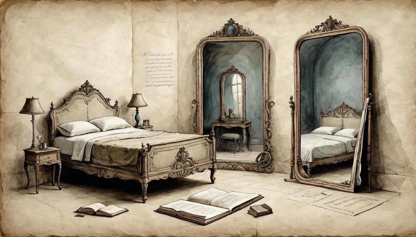  on parchment, surrealism+++, A mirror reflecting an empty half of a bed, symbolic of absence and reflection, the other side filled with journals and memories, solitude(mysterious, provocative, symbolic,muted color)+++