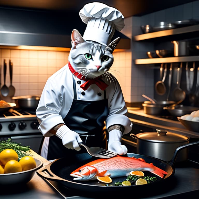  The chef cat, in a white apron and white, gray socks and a chef hat, is preparing trout under a cast iron skillet in the kitchen of an upscale restaurant. hyperrealistic, full body, detailed clothing, highly detailed, cinematic lighting, stunningly beautiful, intricate, sharp focus, f/1. 8, 85mm, (centered image composition), (professionally color graded), ((bright soft diffused light)), volumetric fog, trending on instagram, trending on tumblr, HDR 4K, 8K