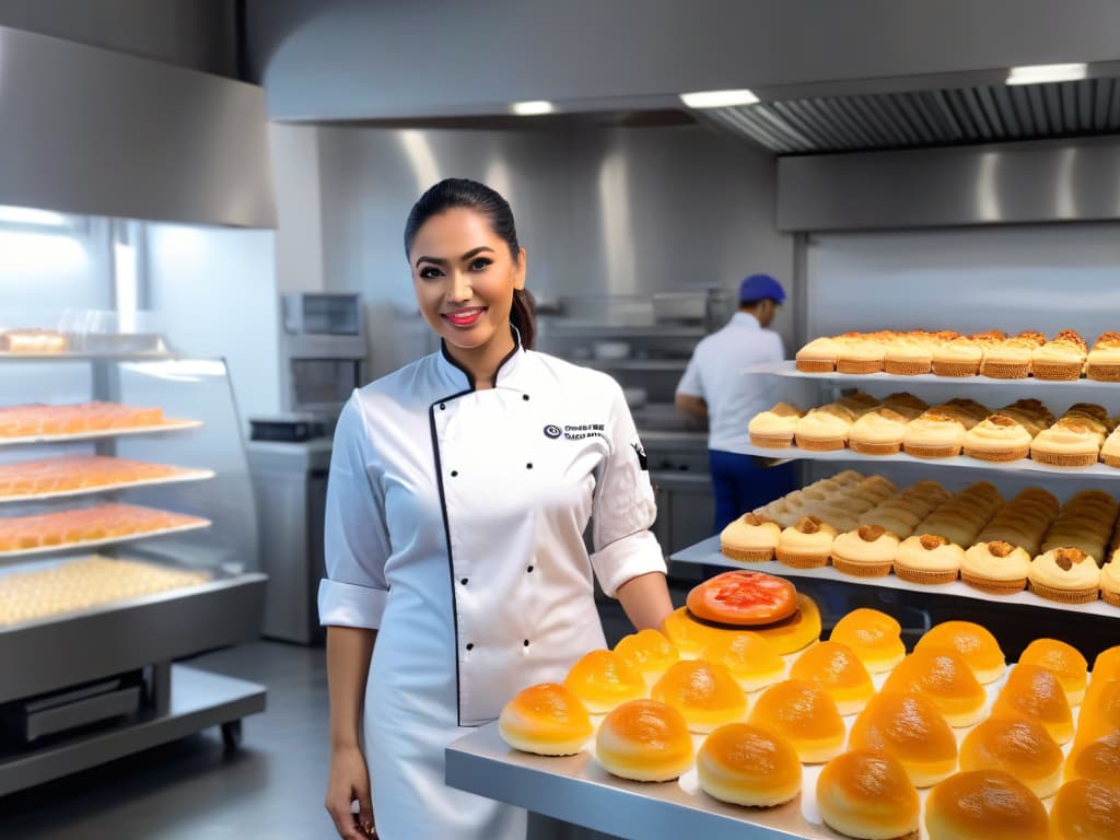  A highresolution, photorealistic image of a professional pastry chef elegantly collaborating with a wellknown brand in a modern bakery setting. The chef is skillfully creating a delectable dessert while surrounded by branded ingredients and packaging, showcasing a successful partnership in the world of pastrymaking. The image exudes inspiration and success in the realm of collaborative brand partnerships within the pastry industry. hyperrealistic, full body, detailed clothing, highly detailed, cinematic lighting, stunningly beautiful, intricate, sharp focus, f/1. 8, 85mm, (centered image composition), (professionally color graded), ((bright soft diffused light)), volumetric fog, trending on instagram, trending on tumblr, HDR 4K, 8K