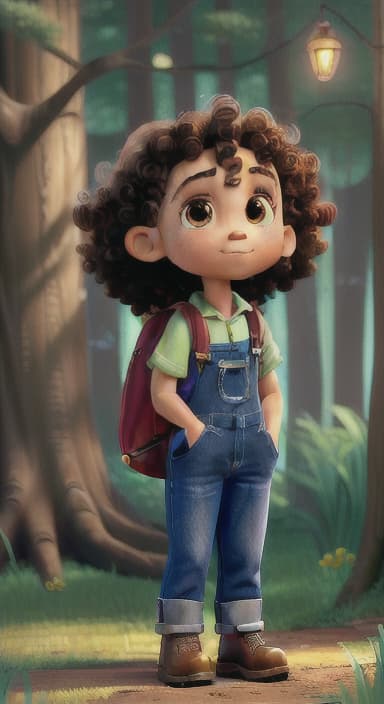  {The tree shining brightly and releasing a gentle, magical light., Riley, a curious with big brown eyes and curly hair, wearing overalls and carrying a small backpack. Their friend, Skye, a bluebird with shiny feathers.