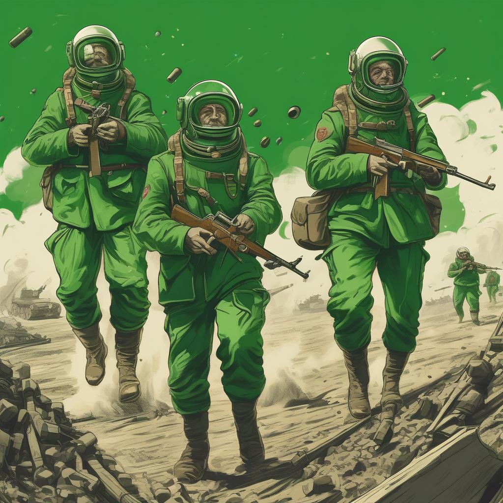  Cosmonauts in Green Suits. Cosmonauts in Green Suits shoot guns. World War I. Hungarians against Russians. Battlefield, trenches and explosions, flying planes. Art style.