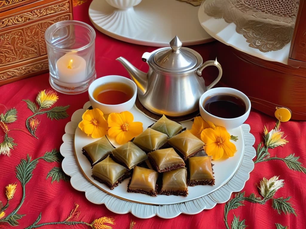  A highresolution, ultradetailed image of a delicate Turkish tea set arranged on a traditional patterned Turkish tablecloth, complete with intricately designed tea glasses, a silver tea pot, and a plate of baklava. The background showcases a serene Turkish tea garden with lush greenery and colorful flowers, evoking a sense of tranquility and cultural richness. hyperrealistic, full body, detailed clothing, highly detailed, cinematic lighting, stunningly beautiful, intricate, sharp focus, f/1. 8, 85mm, (centered image composition), (professionally color graded), ((bright soft diffused light)), volumetric fog, trending on instagram, trending on tumblr, HDR 4K, 8K