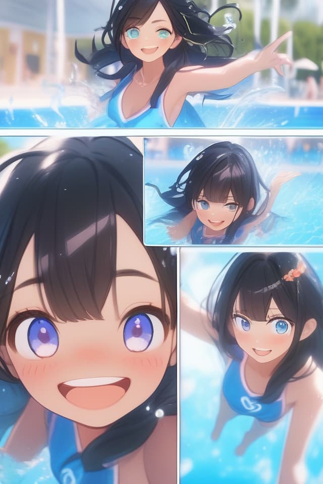  (beautiful ,)(black hair,blue eyes)(close up from up),masterpiece (shamanizing in pool)(splashing water)(in )(slender but nice body)(big smile (at pool in midsummer))high quality,8k