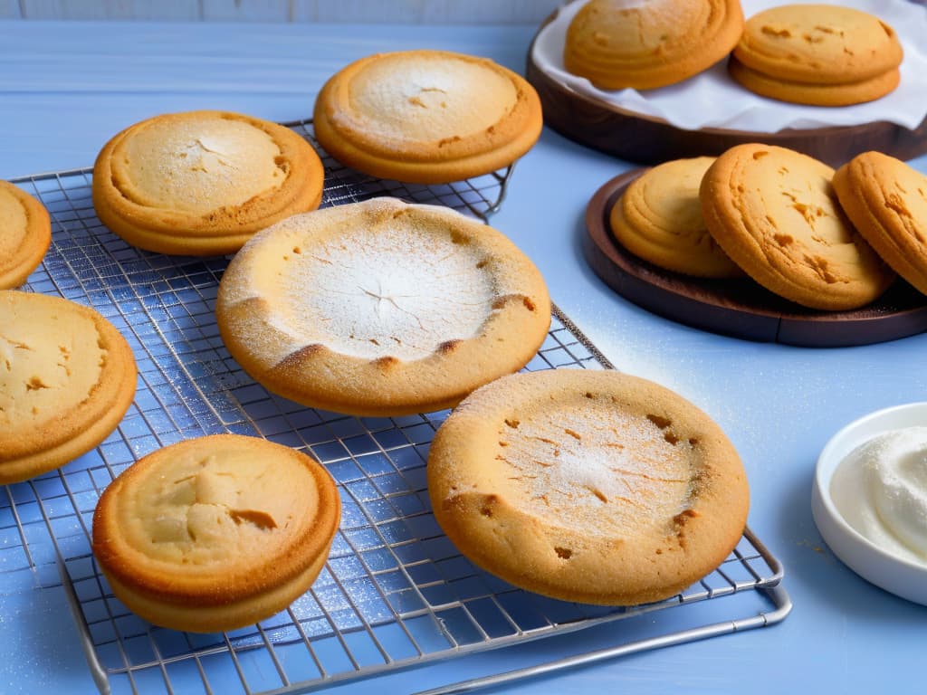  A closeup, ultradetailed image of a perfectly goldenbrown glutenfree cookie resting on a cooling rack, with delicate wisps of steam rising from its freshly baked surface. The cookie is adorned with a sprinkle of powdered sugar that glistens in the soft, natural light filtering through a nearby window, highlighting the intricate crinkles and edges of the cookie's texture. Each crumb and imperfection is meticulously captured, showcasing the artistry and craft of glutenfree baking in a minimalist yet captivating way. hyperrealistic, full body, detailed clothing, highly detailed, cinematic lighting, stunningly beautiful, intricate, sharp focus, f/1. 8, 85mm, (centered image composition), (professionally color graded), ((bright soft diffused light)), volumetric fog, trending on instagram, trending on tumblr, HDR 4K, 8K